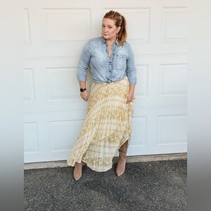 NWOT In Loom Pleated Chiffon Maxi Skirt in Mustard